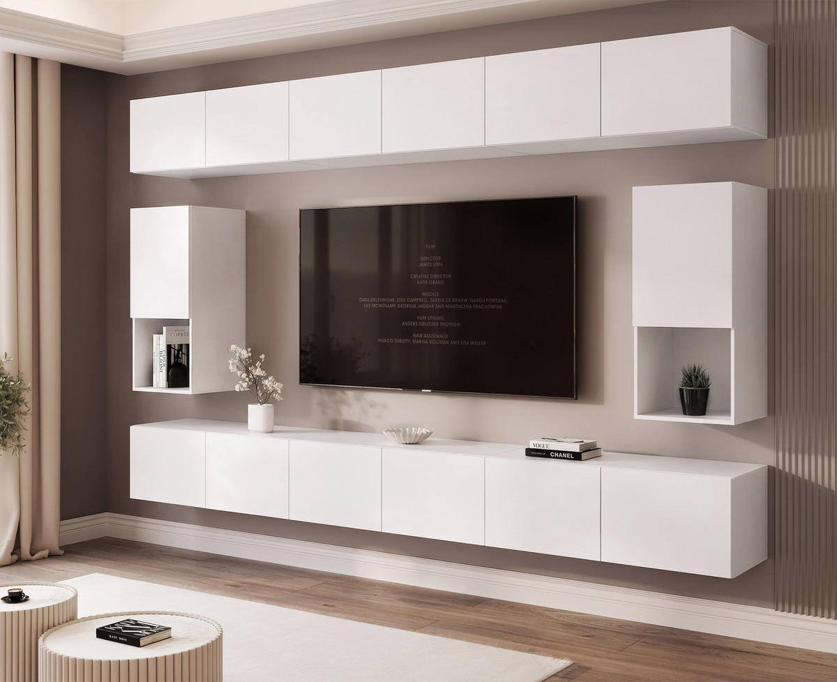 WOHNWAND ANGEL LINE IV 4-teilig, mit LED-Beleuchtung, Weiß matt - Weiß, Holzwerkstoff (300/162/40cm) - Idohome