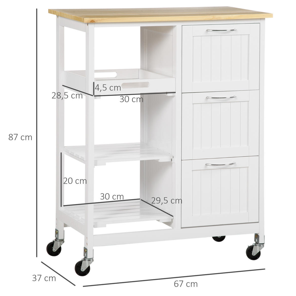 KÜCHENWAGEN, MDF, Kiefernholz, Natur+Weiß - Naturfarben, Kunststoff (37/84/67cm) - HOMCOM