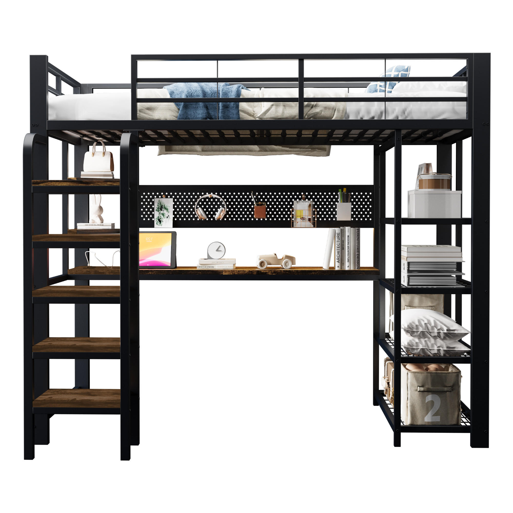 HOCHBETT mit Schreibtisch 90x200 cm Metall Holz Schwarz - Schwarz, Metall (90/200cm) - Meubliv