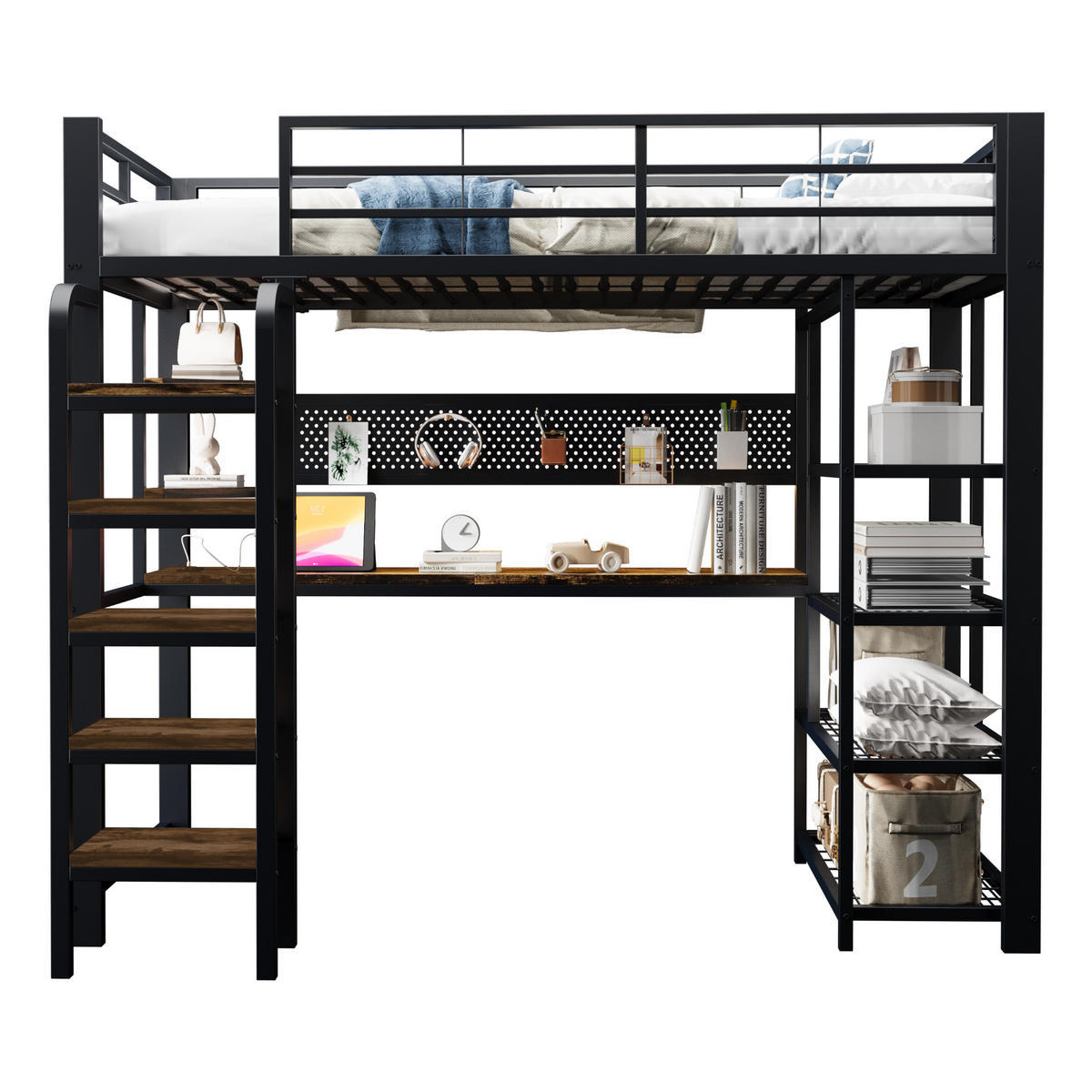HOCHBETT 90/200 cm in Schwarz mit LED, Steckdosen und Ablage aus Metall & Holz - Schwarz, Holzwerkstoff/Metall (90/200cm) - CHICFURN