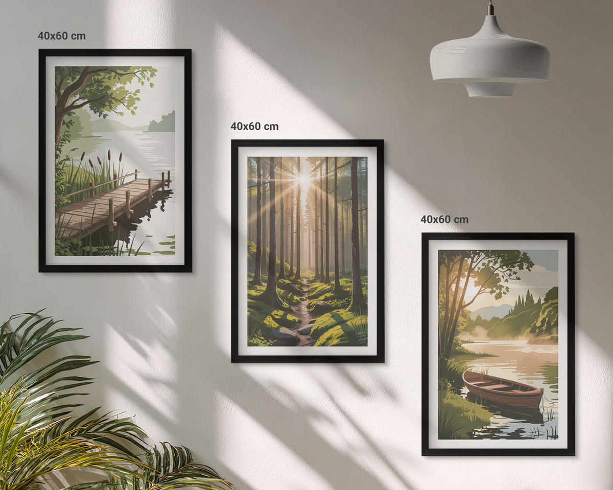 BILDER SET 3er Set - 40x60 cm Schwarzer Rahmen - Landschaft aus Wald, See und Boot - Schwarz, Kunststoff (40/60cm) - TULUP