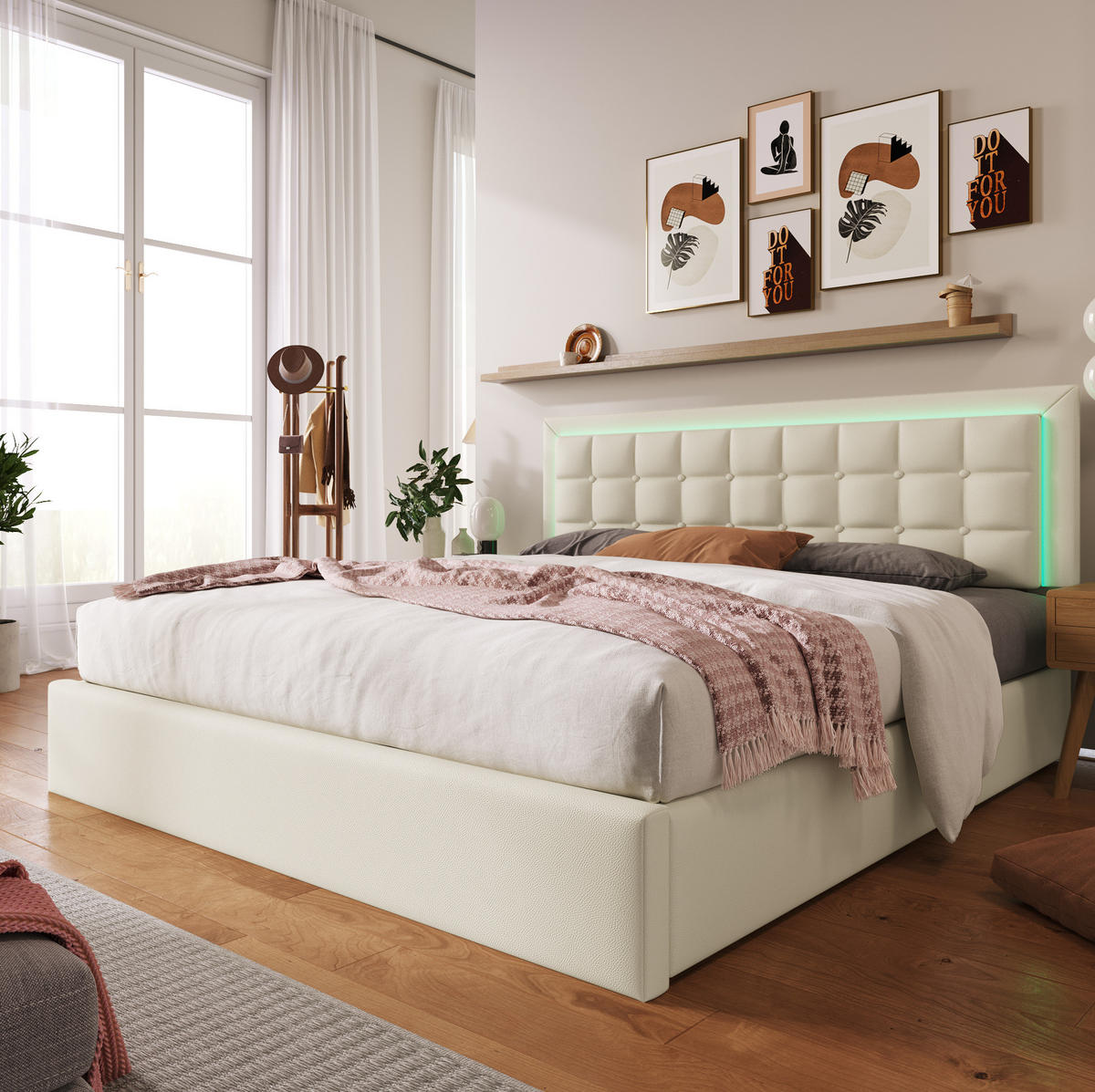 POLSTERBETT mit Stauraum und LED 140x200 cm Kunstleder Weiß mit Matratze - Weiß, Metall (140/200cm) - Beauniv