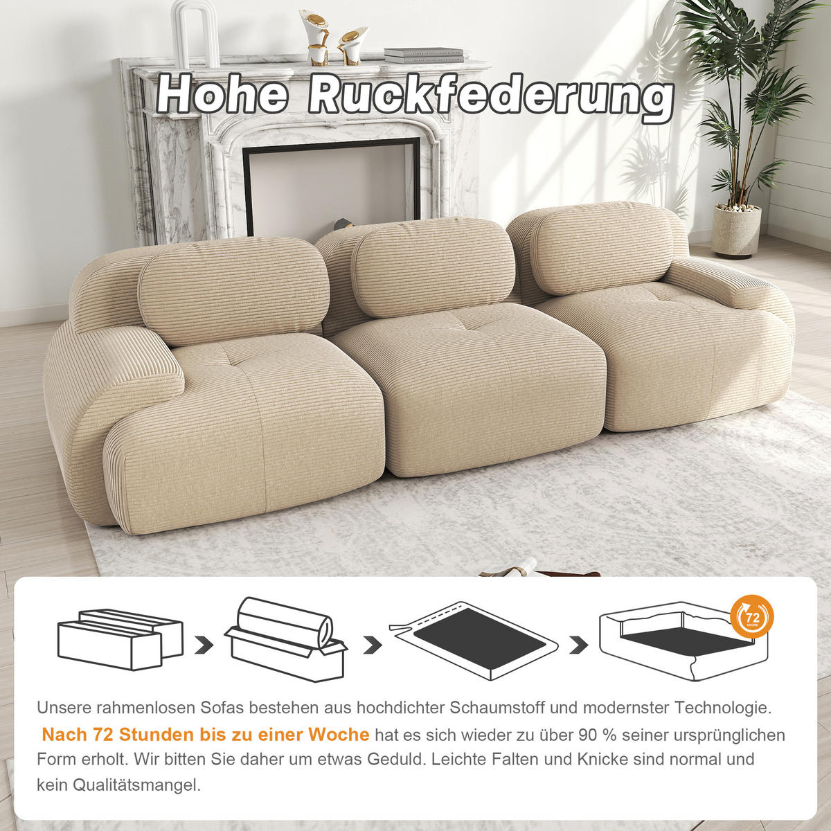 3-SITZER mit modularer Gestaltung, ergonomischen Armlehnen und Cord in Beige - Beige, Textil (298/75/103cm) - EVRYAE