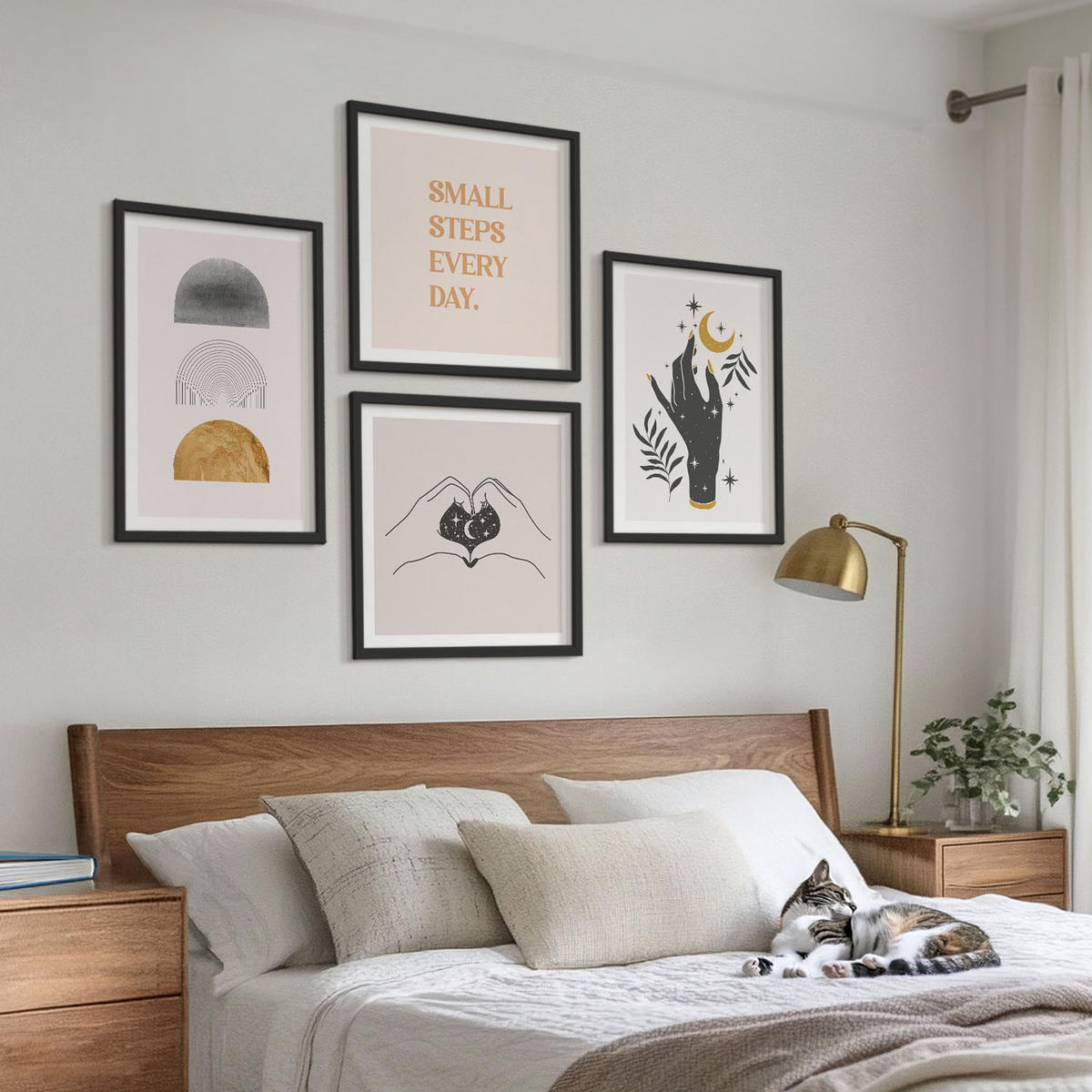 WANDBILDER 4er-Set - 50x50 cm & 40x60 cm Schwarzer Rahmen - Minimalistische Boho-Illustrationen - Schwarz, Kunststoff (50/50cm) - ArtPrintCave