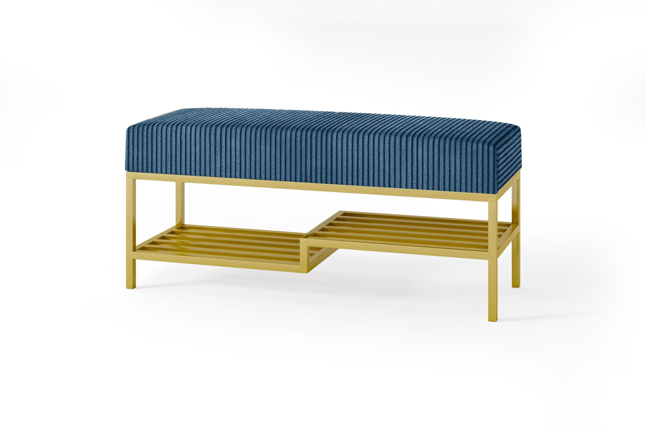 SITZBANK Mello 80 Dunkelblau, Goldfarbene Beine, Cordstoff Bank mit Ablage - Goldfarben/Dunkelblau, Holzwerkstoff/Textil (80/45/35cm) - Bettso