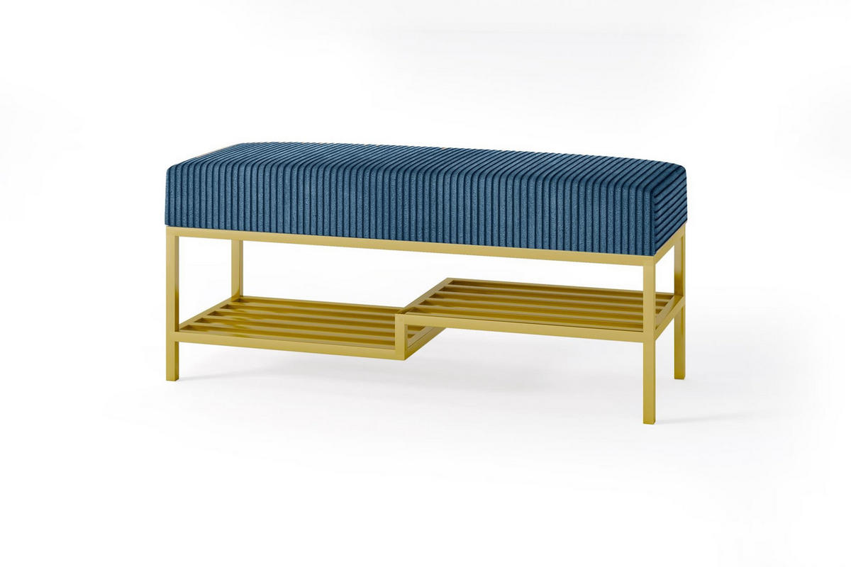 SITZBANK Mello 80 Dunkelblau, Goldfarbene Beine, Cordstoff Bank mit Ablage - Goldfarben/Dunkelblau, Holzwerkstoff/Textil (80/45/35cm) - Bettso