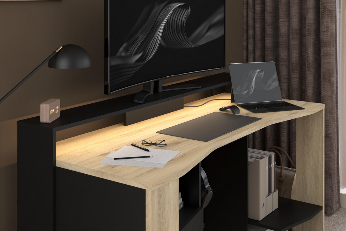 GAMINGTISCH Eiche, schwarz 152 cm, Gamer Schreibtisch inklusive LED mit Farbwechsel - Eichefarben/Schwarz, Holzwerkstoff/Metall (62/152/88cm) - Parisot Meuble