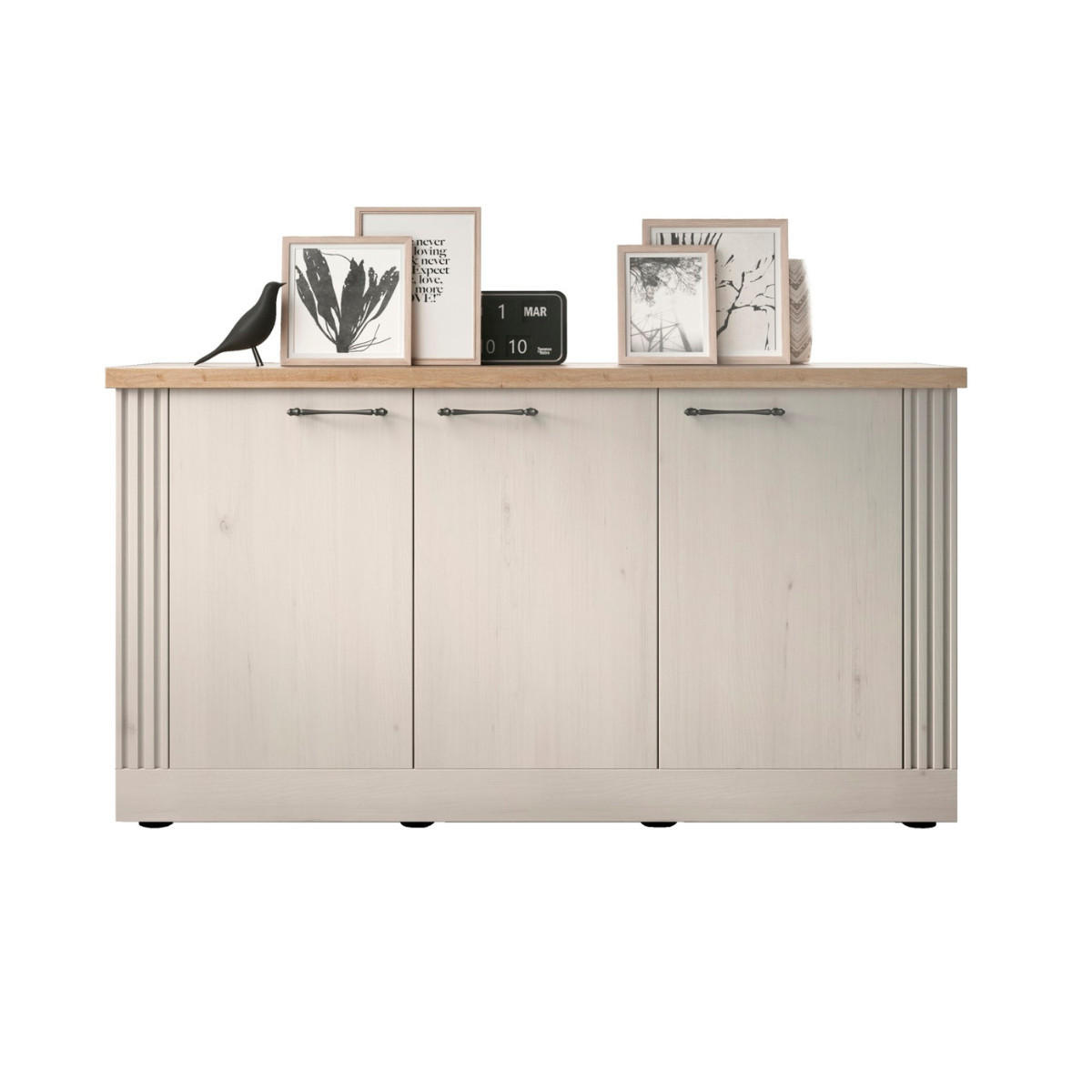 SIDEBOARD mit 3 türen, dekor eiche cadiz und meringue-weiß - country 164/44/88 cm - Weiß, Holzwerkstoff (44/88/164cm) - Calicosy
