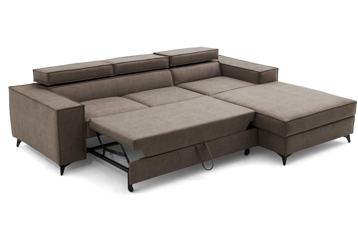 ECKSOFA PURE S Rechts mit Schlaffunktion 127x215 Velours Beige - Beige/Schwarz, Holz/Textil (204/281cm) - Muffo