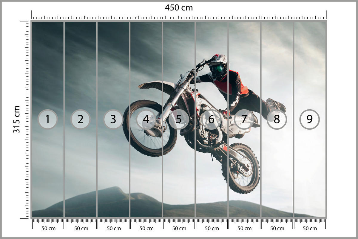 FOTOTAPETE für Jugendzimmer Motocross Sprung Mann Sport Berge Action 450x315 - Grau, Papier (450/315cm) - Muralo