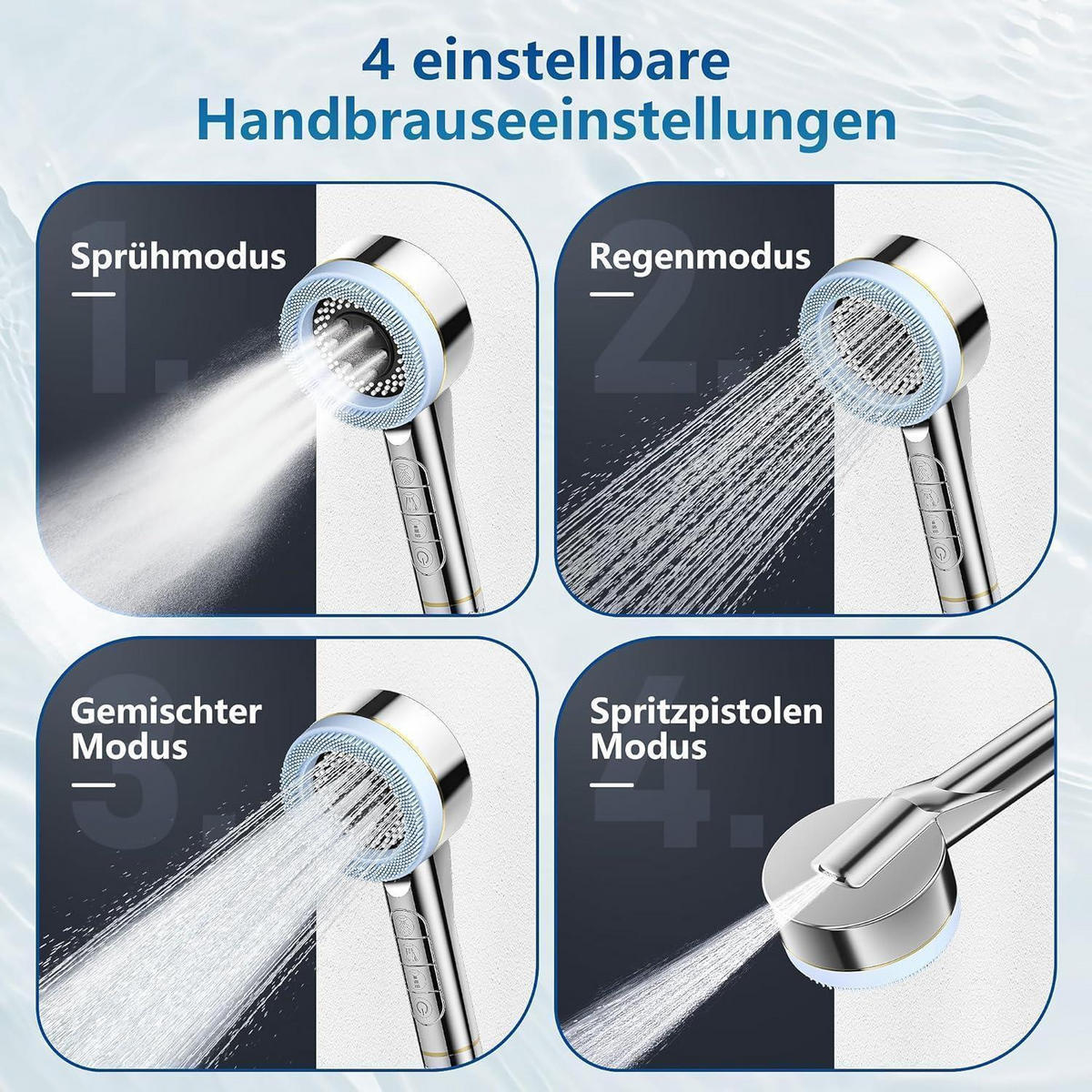 HANDBRAUSE mit Filter 4 Strahlarten Wassersparend Hochdruck - Silberfarben, Kunststoff (3/12.7/7cm)