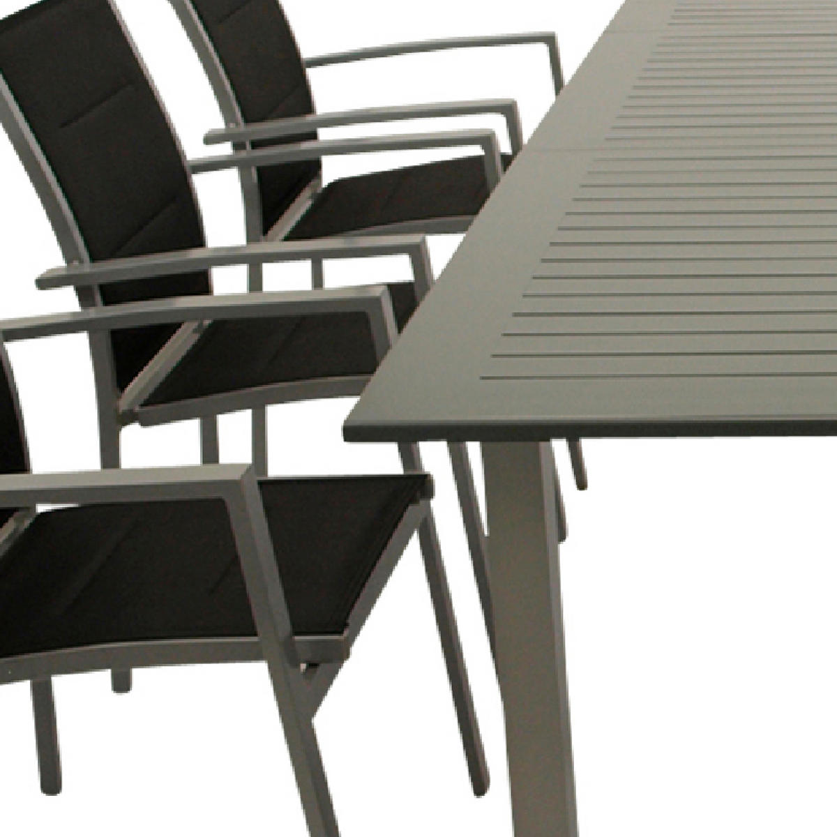 GARTEN-GARNITUR Ashford - 7-teilige Garten-Essgruppe (6x Stapelsessel mit Aluminiumgestell, Bespannung Textillehne schwarz, Ausziehtisch - Schwarz, Metall - TPFGarden