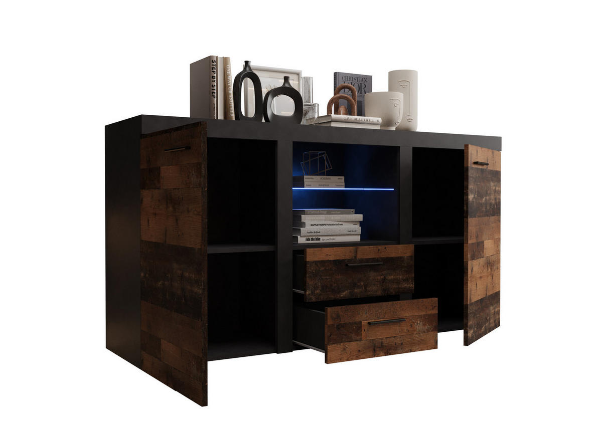 KOMMODE London LRK mit 2 Türen, Sideboard in Farbe: Dunkelbraun|Schwarz, Größe: 156 x 82 x 40 cm - Dunkelbraun/Schwarz, Holzwerkstoff (156/82/40cm) - O-Sofa