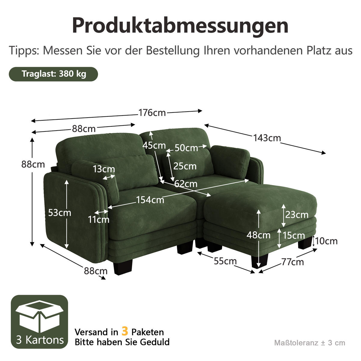 ECKSOFA 2-Sitzer L-Form mit Ottomane, DE-42686, Grün - Grün, Holz (176/143cm) - ComfortXL