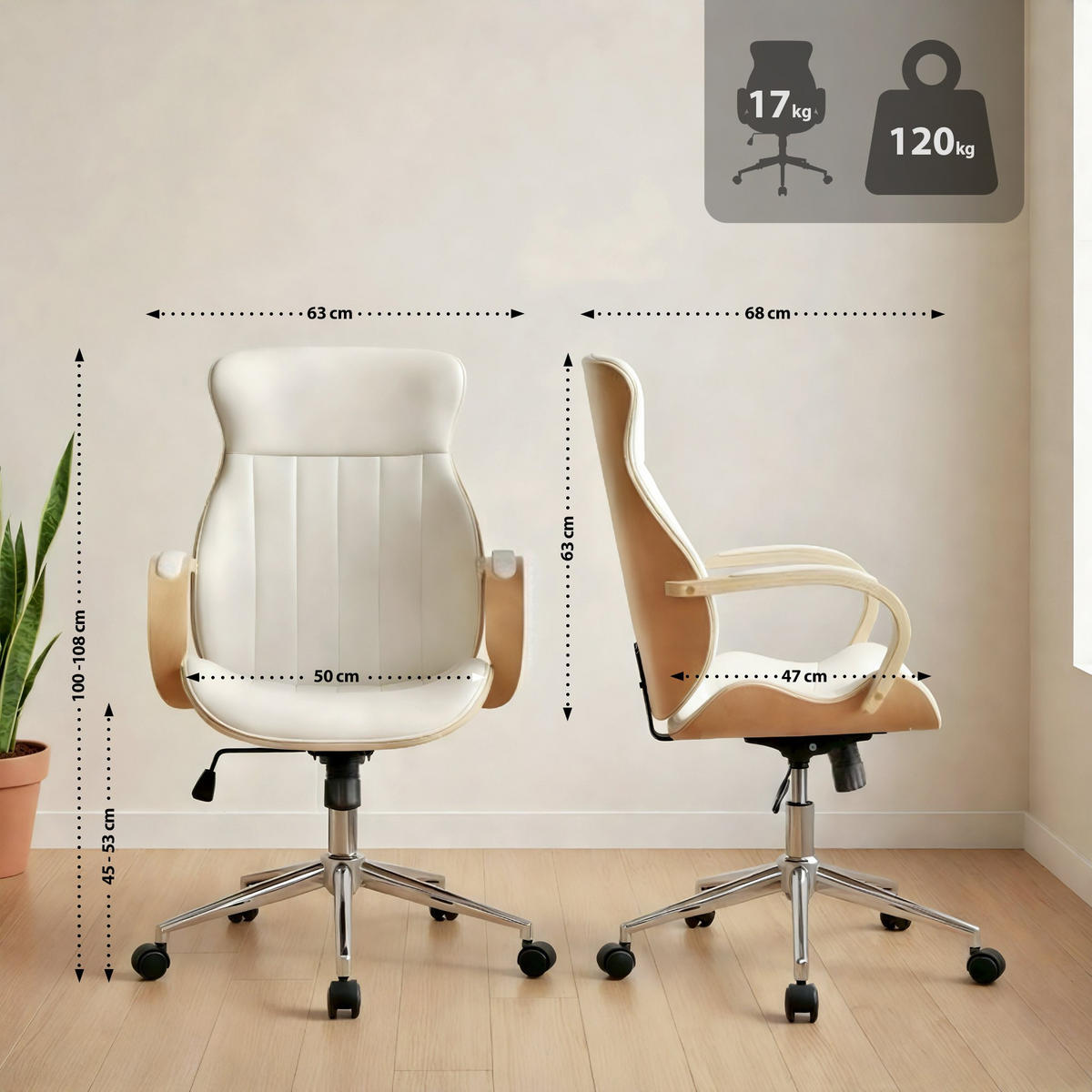 DREHSTUHL Lederlook Natura/Weiß - Chromfarben/Eukalyptusholzfarben, Textil/Metall (63/100/68cm) - CLP