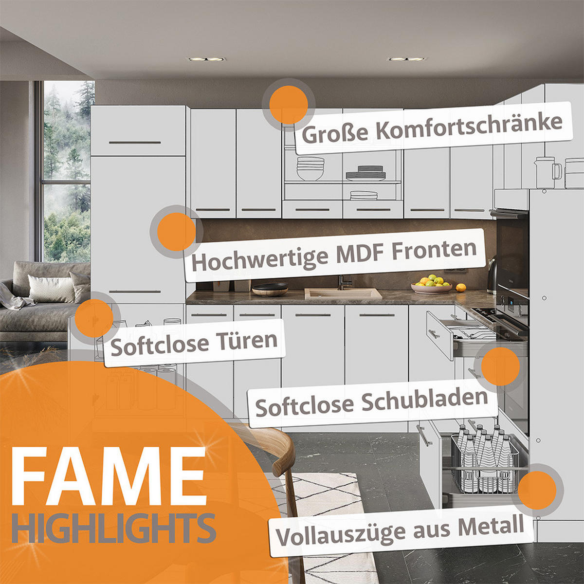 KÜCHENZEILE Fame-Line Anthrazit Landhaus/Weiß 240 cm, AP Eiche - Dunkelgrau/Weiß, Holzwerkstoff (240/81.6/60cm) - Vicco