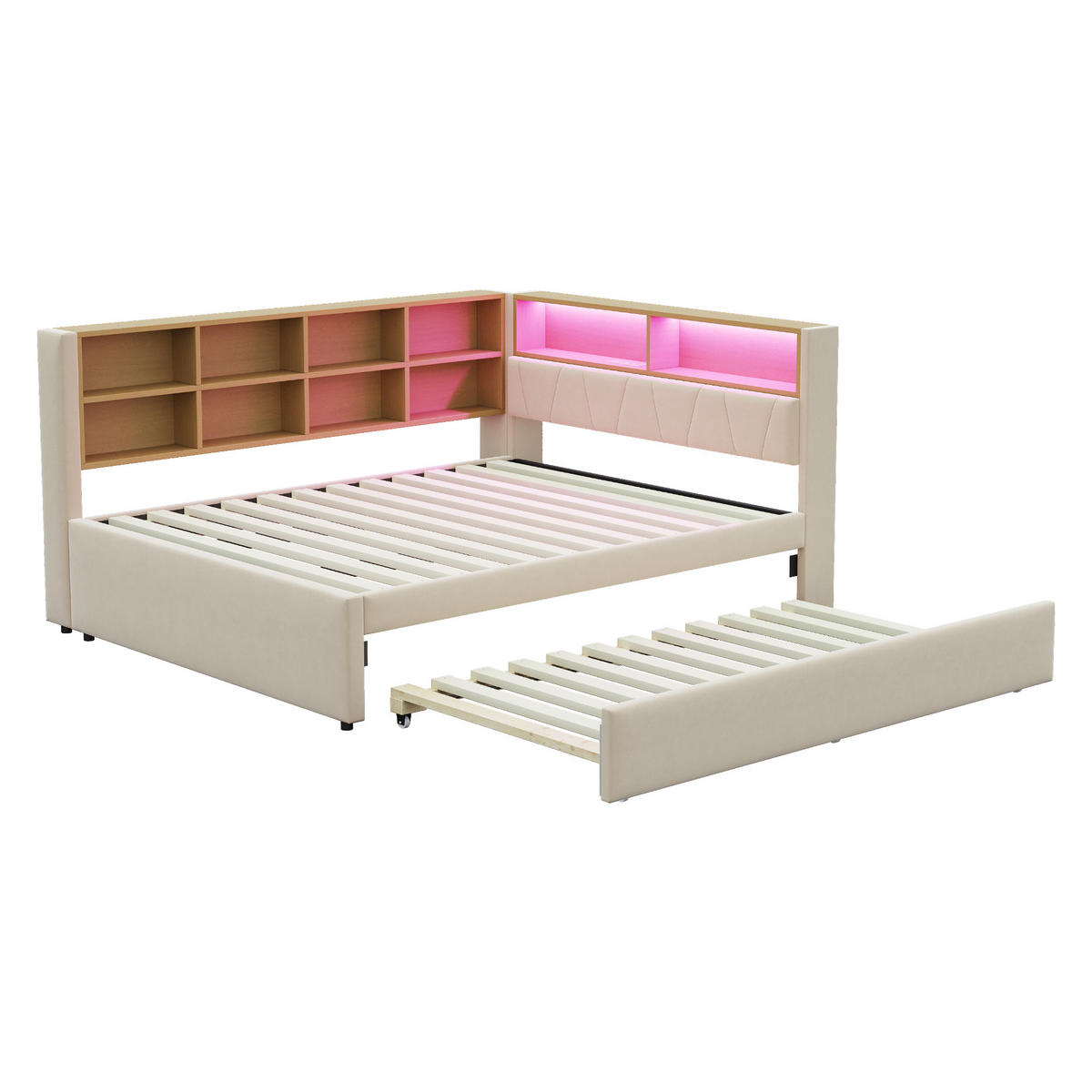 BETT mit Ausziehbett 140/200 cm & 90/190 cm mit LED-Beleuchtung und USB-Anschlüssen Flanell Beige - Beige, Textil (140/200cm) - OKWISH