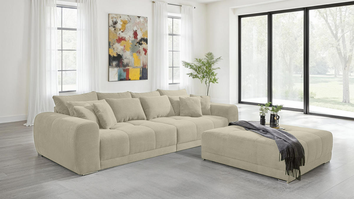 BIG-SOFA Federkern B306/T134/H86 cm, Liegefläche 120x240 cm, Cord Beige Grau / 15173 - Chromfarben/Greige, Textil/Metall (306/86/134cm) - luma-home