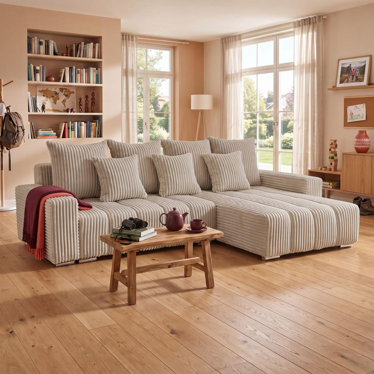 ECKSOFA PIANO L Rechts mit Schlaffunktion 137x234 Cord Beige - Beige/Silberfarben, Holz/Textil (178/278cm) - Muffo