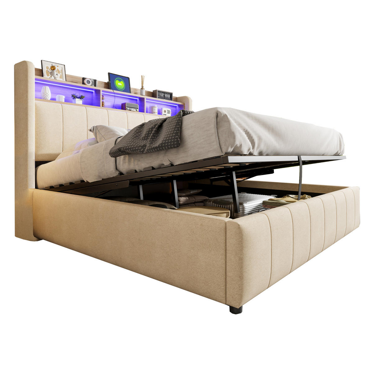 POLSTERBETT mit Stauraum 160x200 cm Leinenstoff Beige - Beige, Metall (160/200cm) - Meubliv