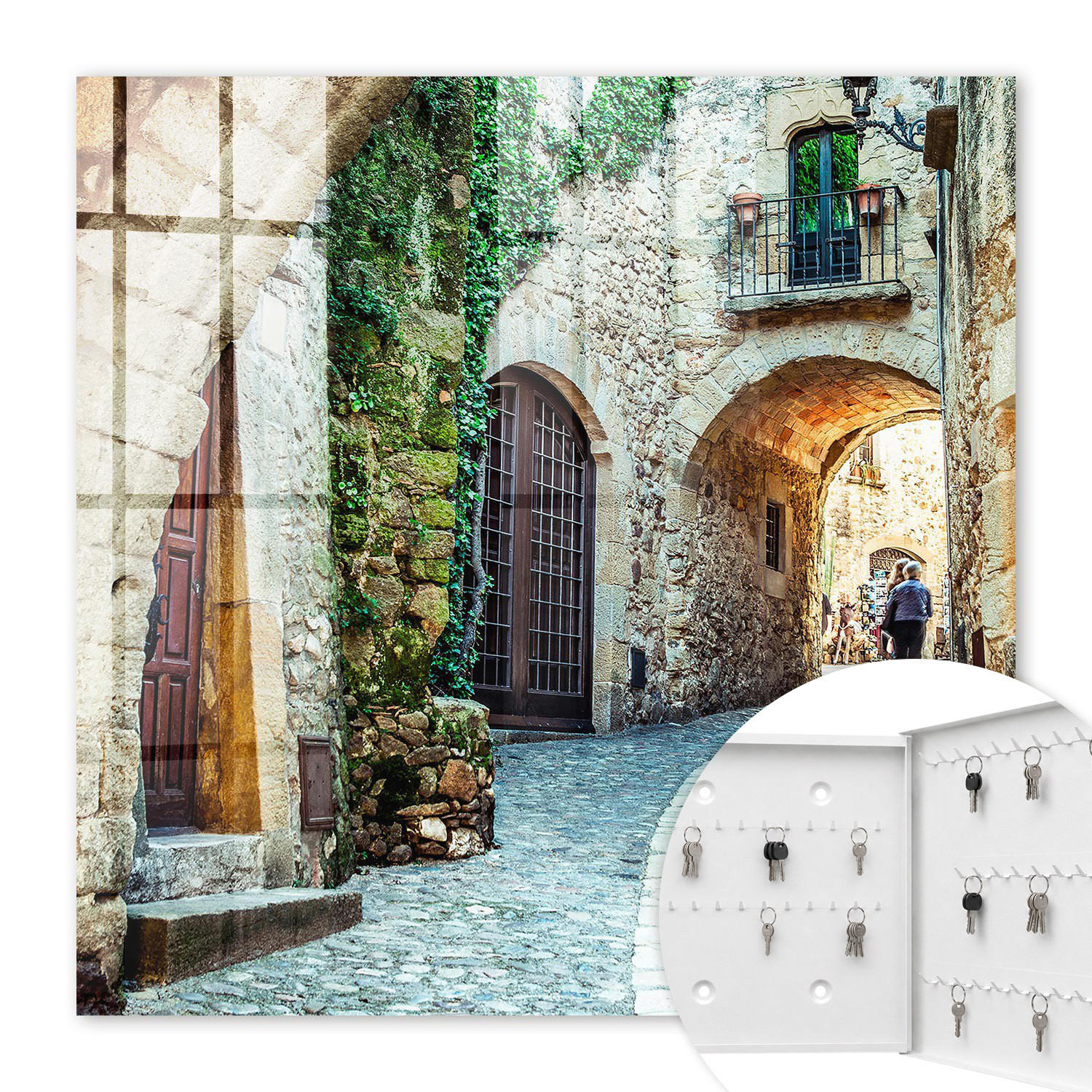 SCHLÜSSELBOX Weiß 30x30 cm – Türöffnung nach rechts - Historische Straße - Grau, Metall (30/30/5cm) - TULUP