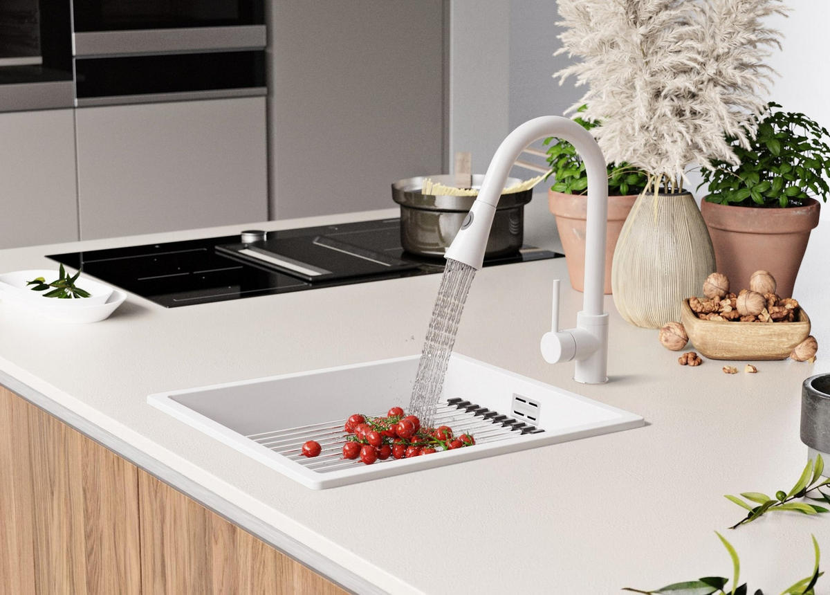 SPÜLBECKEN Praga Slim, 2-er set Weiß 41/47 cm 1 Becken + Ablauf-Set + Aufrollbare Abtropffläche ab 45er Unterschrank - Chromfarben/Weiß, Kunststoff (41/20/47cm) - Primagran