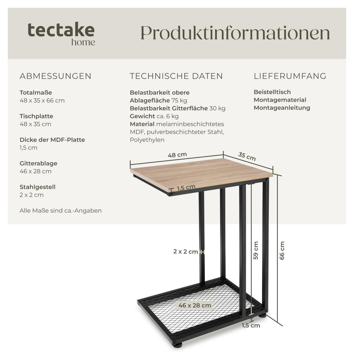 BEISTELLTISCH Eton,48 x 35 x 66 cm,Industrial Holz hell, Eiche Sonoma - Naturfarben, Holz (48/35/66cm) - tectake