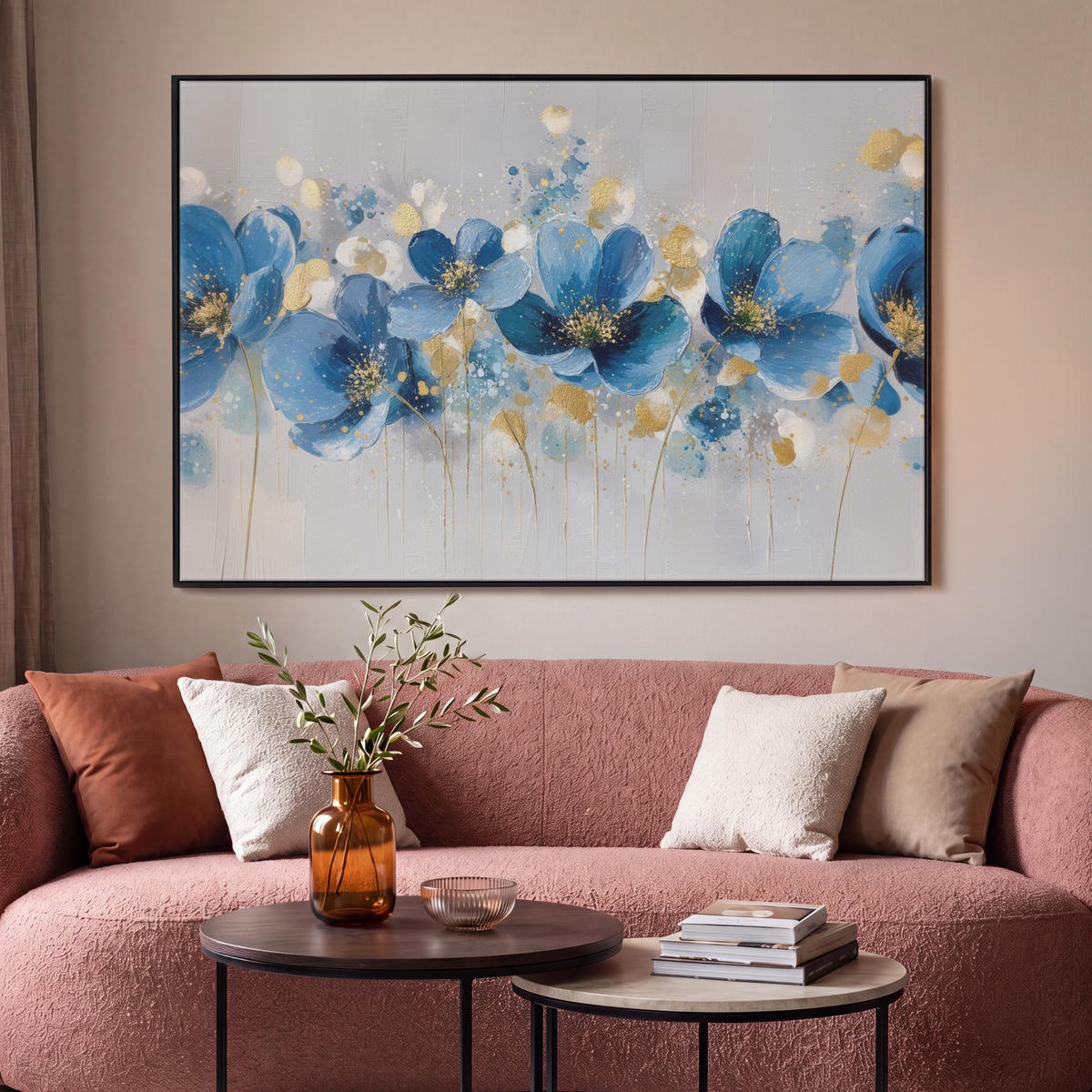 LEINWAND Bilder mit Rahmen - Blumen - Blau - Abstrakt - 150x100 - Hellgrau, Textil (150/100cm) - MuchoWow