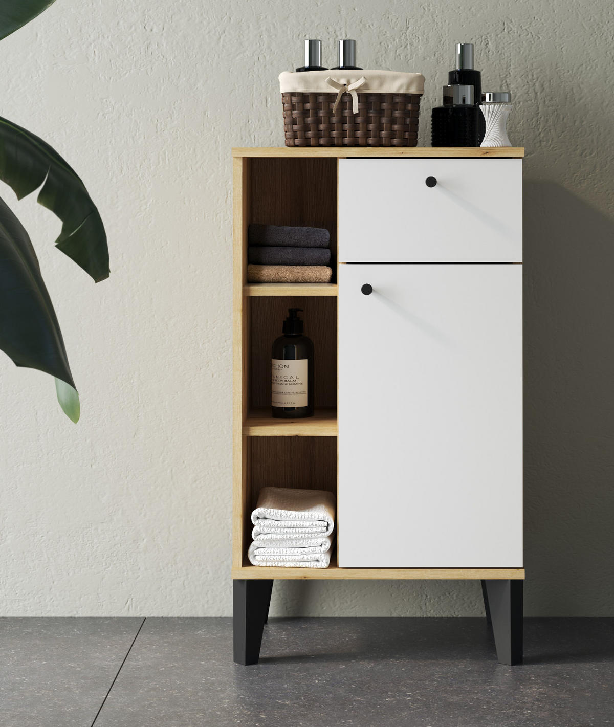 BADKOMMODE weiß, Evoke Eiche, Badkommode, 51 x 90 cm - Eichefarben/Schwarz, Holz/Holzwerkstoff (51/90/33cm) - Furn.Design