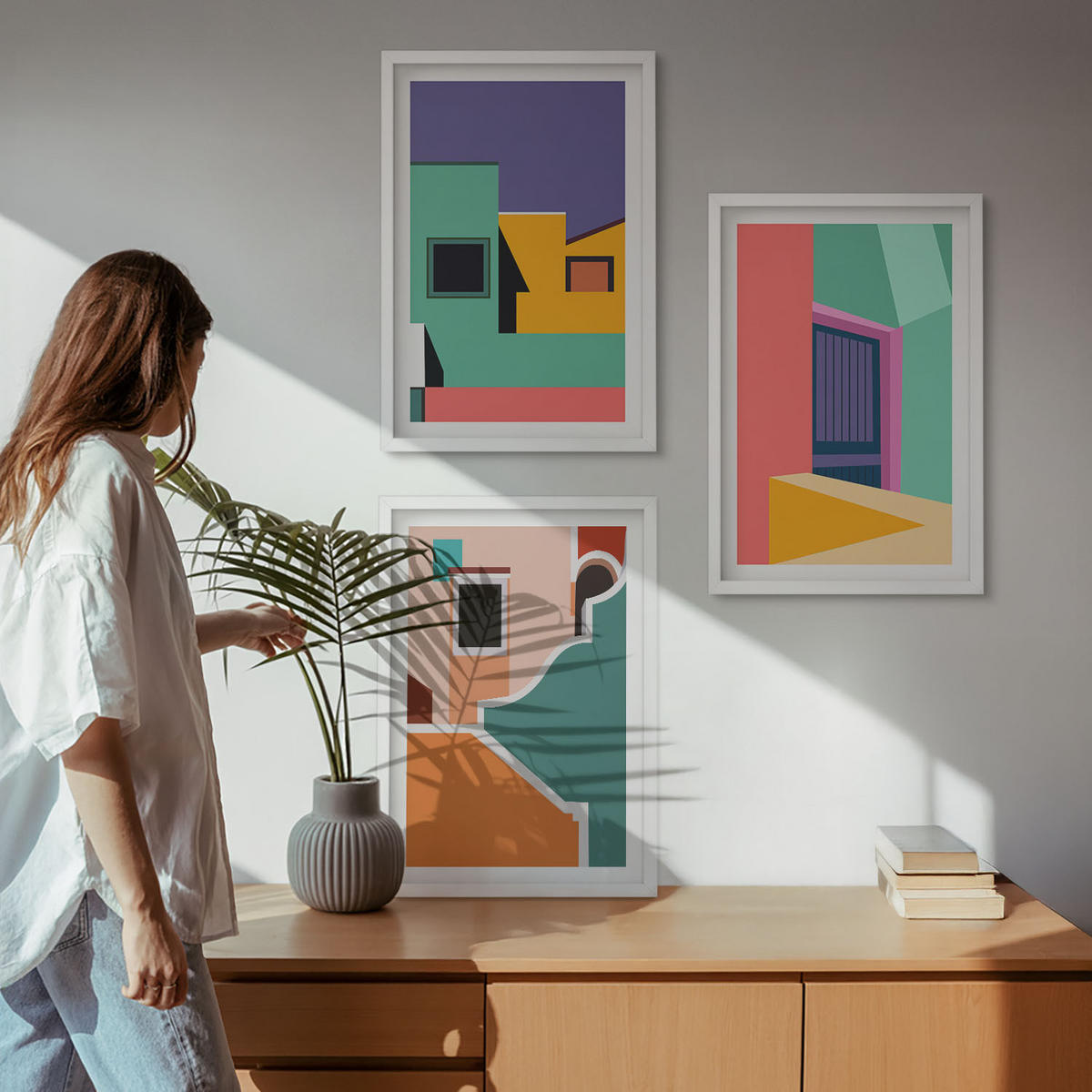 BILDER SET 3er Set - 40x60 cm Weißer Rahmen - Farbenfrohe Illustrationen der Stadt - Weiß, Kunststoff (40/60cm) - TULUP