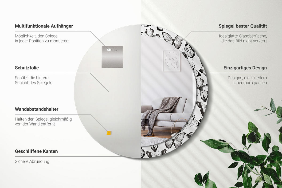 SPIEGEL Rund Ø 80 cm mit Aufdruck - Schwarz, Glas (80/80/0.4cm) - Wallfluent