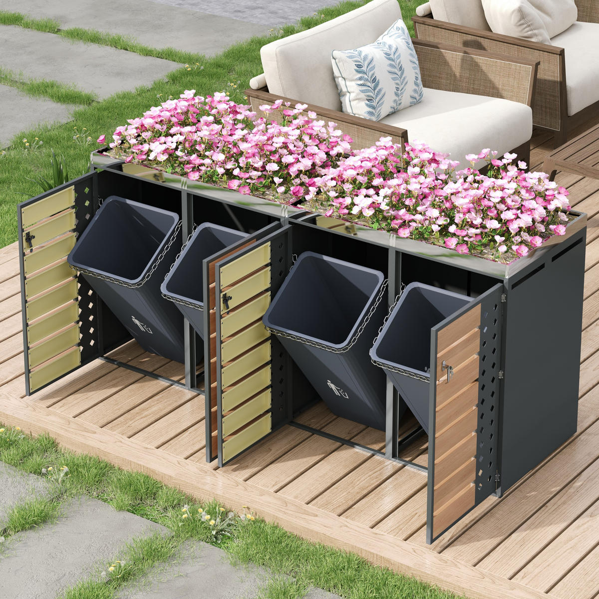 MÜLLTONNENBOX aus verzinktem Stahl in Grau/Holzoptik mit Pflanzkasten & 4 Türen 264x80x124,5 cm - Grau, Metall (264/124.5/80cm) - Modfu