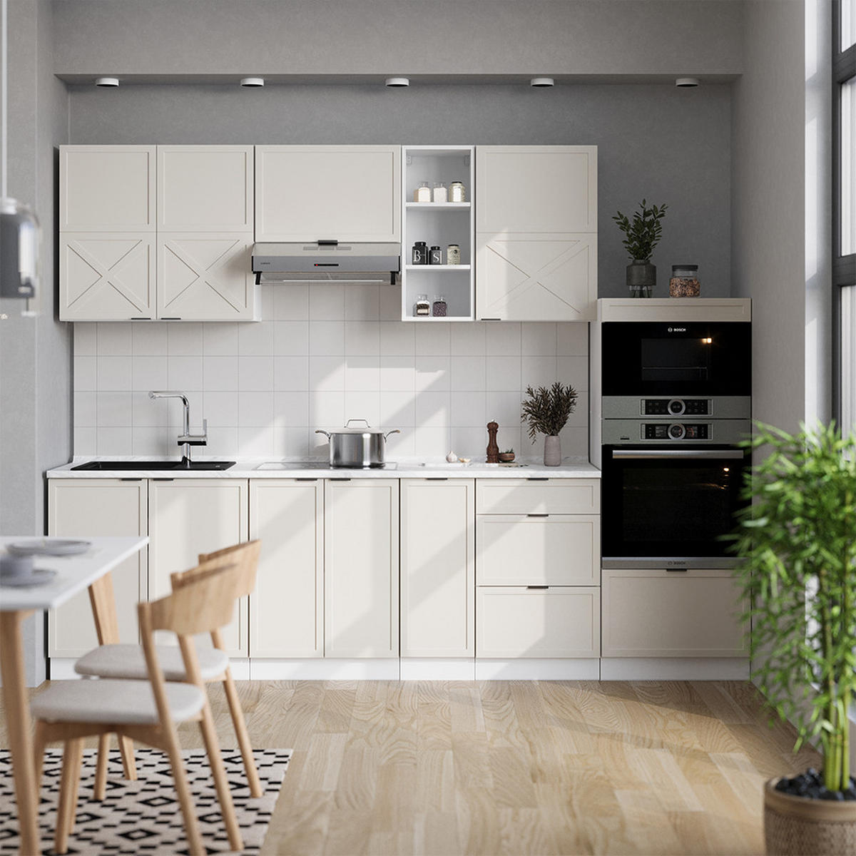 KÜCHENZEILE Fame-Line GrauBeige/Weiß 280 cm ohne AP - Weiß/Grau, Holzwerkstoff (280/81.6/46cm) - Vicco