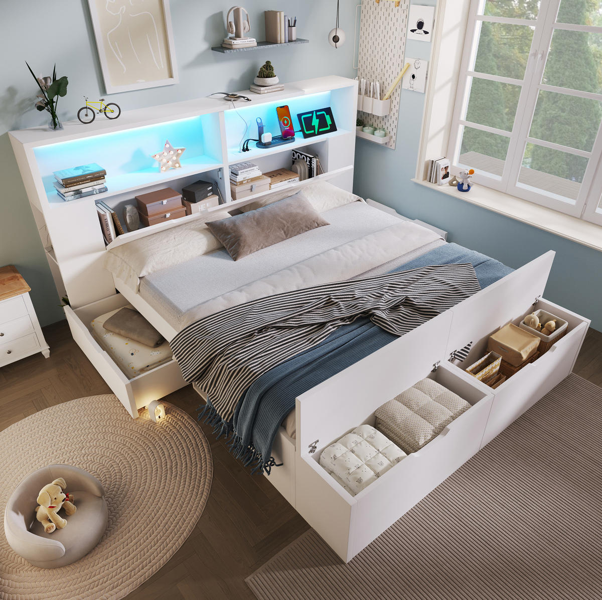 BETT 140/200 cm in Weiß – inkl. Lattenrost, Stauraum, LED und USB - Weiß, Holzwerkstoff (140/200cm) - BEAOK