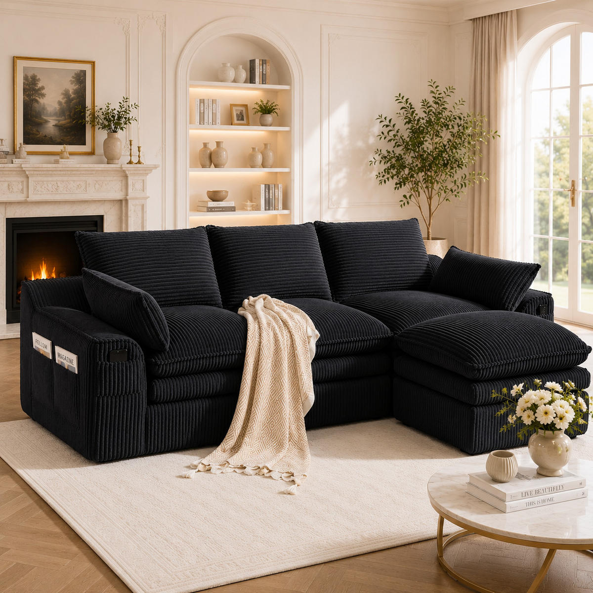 ECKSOFA DE-33776 3-Sitzer mit Hocker Schwarz - Schwarz, Metall (263/167cm) - ComfortXL