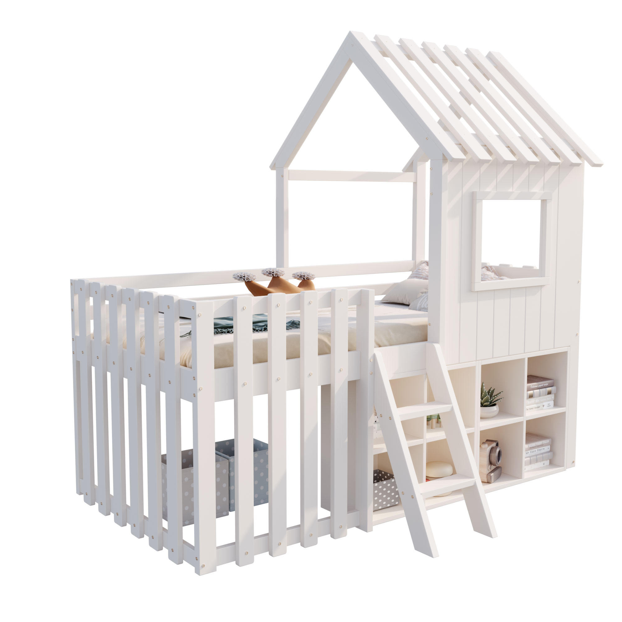 HAUSBETT 90x200 Weiß Massivholz Stauraum Leiter - Weiß, Holz (90/200cm) - FLIEKS
