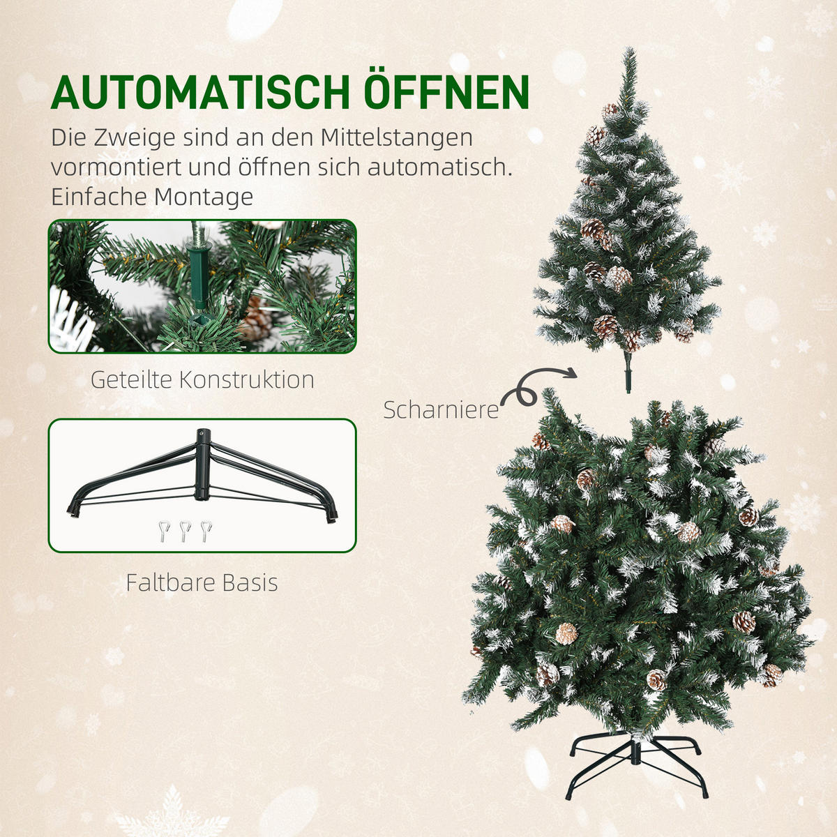 KÜNSTLICHER-WEIHNACHTSBAUM, 150 cm Christbaum mit Kunstschnee, Indoor - Grün, Kunststoff (150cm) - HOMCOM