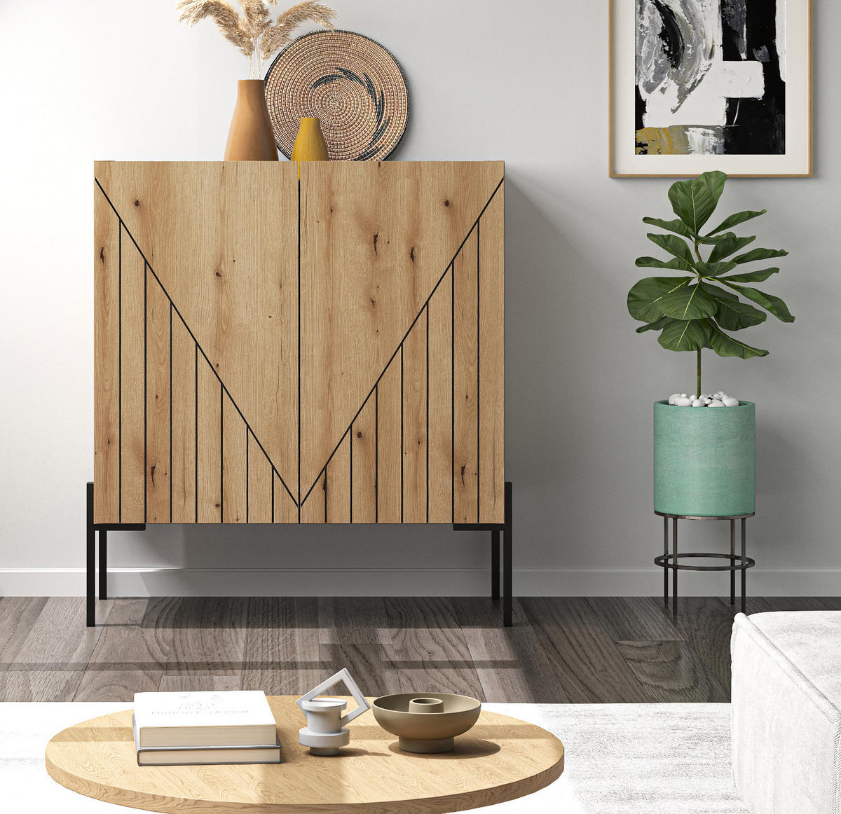 KOMMODE Evoke Eiche 80 x 91 cm, Sideboard mit Soft-Close - Eichefarben/Schwarz, Holzwerkstoff/Metall (80/91/40cm) - Inn.Furn