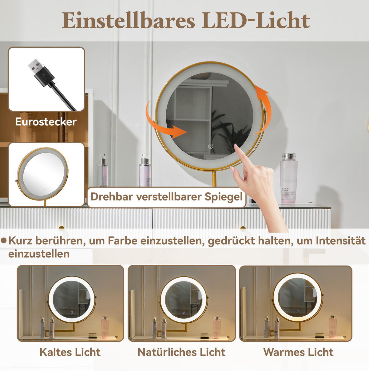 SCHMINKTISCH 120/45/115 cm in Weiß mit LED-Spiegel und flexiblem Seitenschrank - Weiß, Holzwerkstoff (45/115/120cm) - Flora Grace