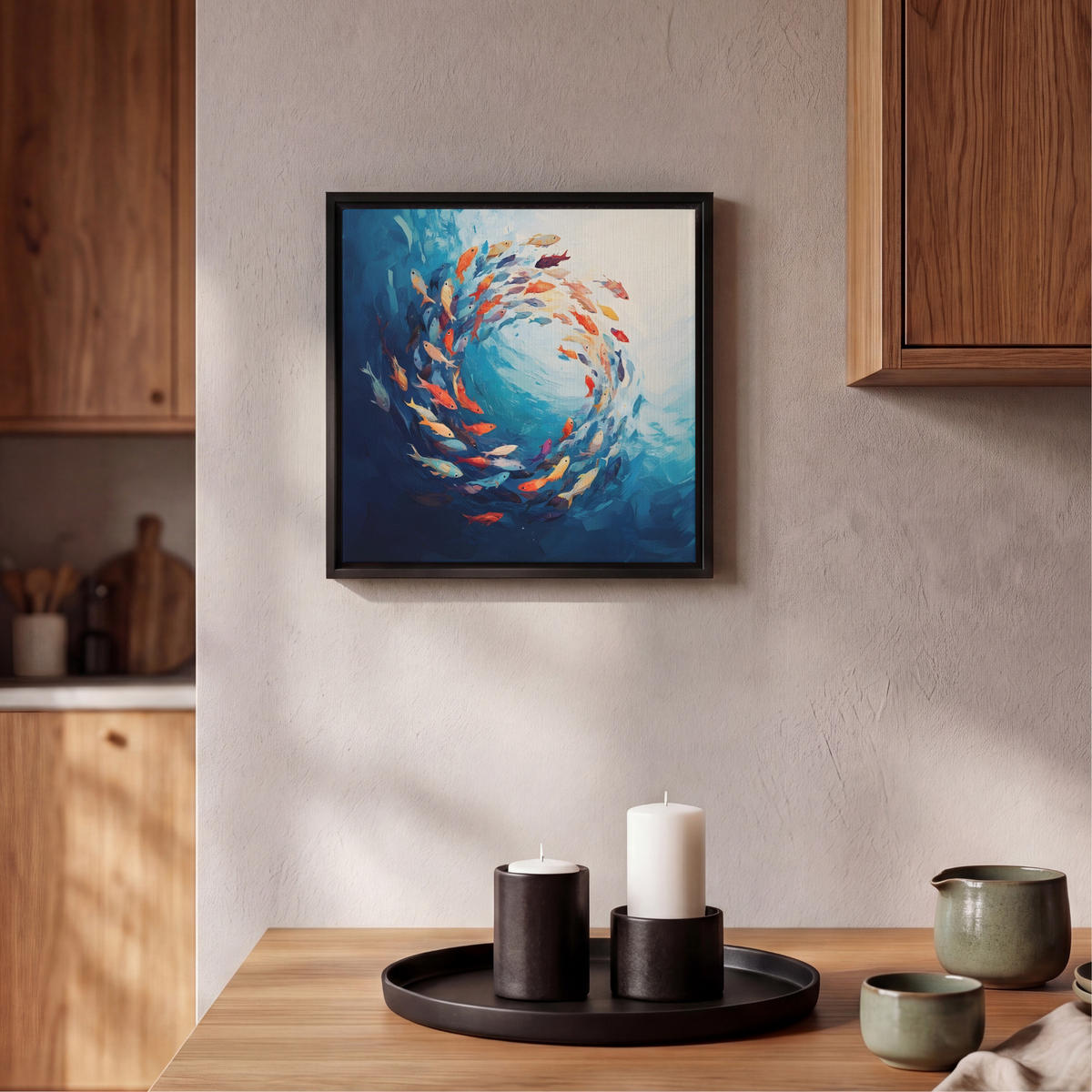 LEINWAND Bilder mit Rahmen - Meer - Fische - Bunt - Dynamisch - 20x20 - Hellblau, Textil (20/20cm) - MuchoWow