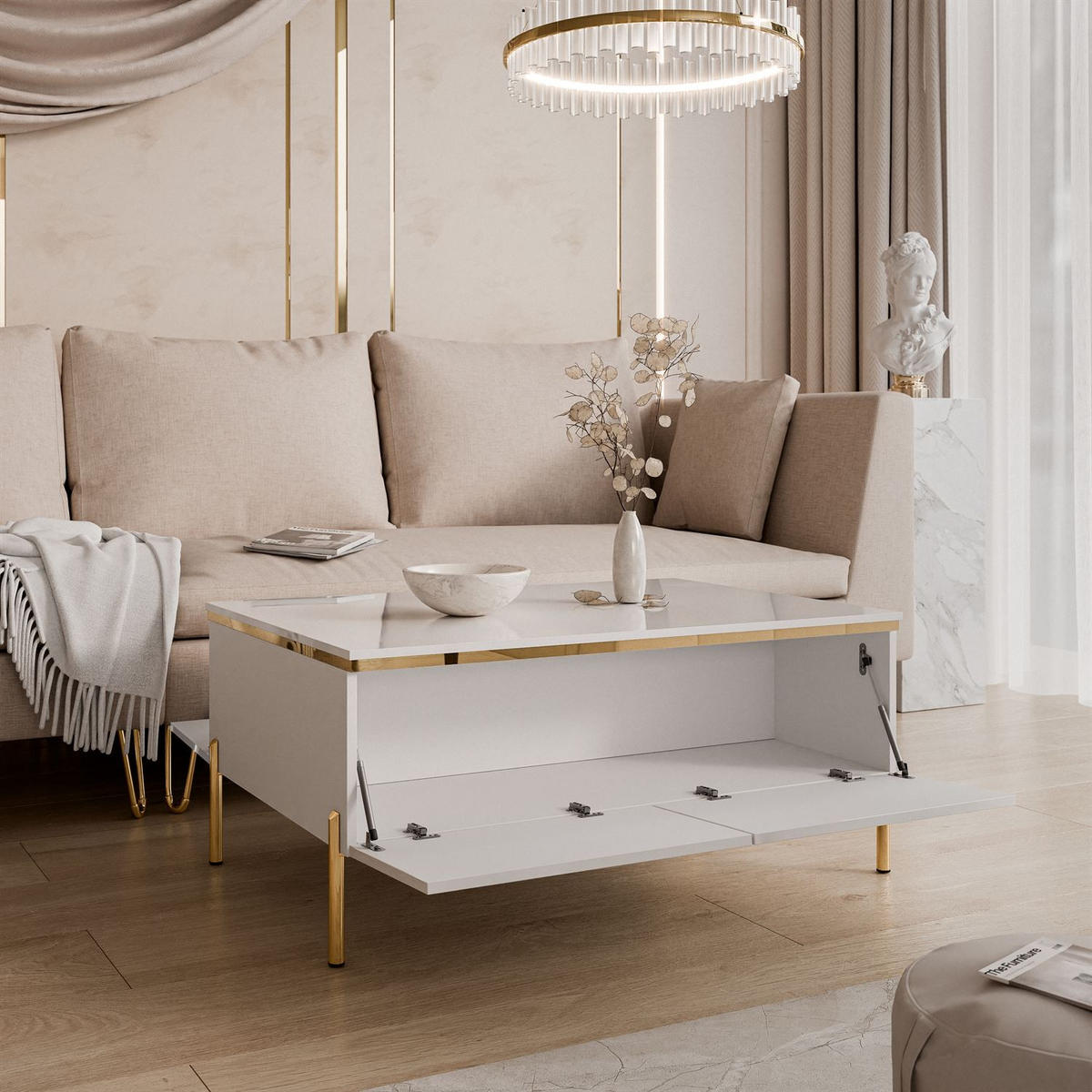 COUCHTISCH AURORA mit Staufach Weiß / Weiß hochglanz mit gerade Goldchrom Fuße - Weiß Hochglanz/Goldfarben, Holzwerkstoff/Metall (60/90/40cm) - Lookway