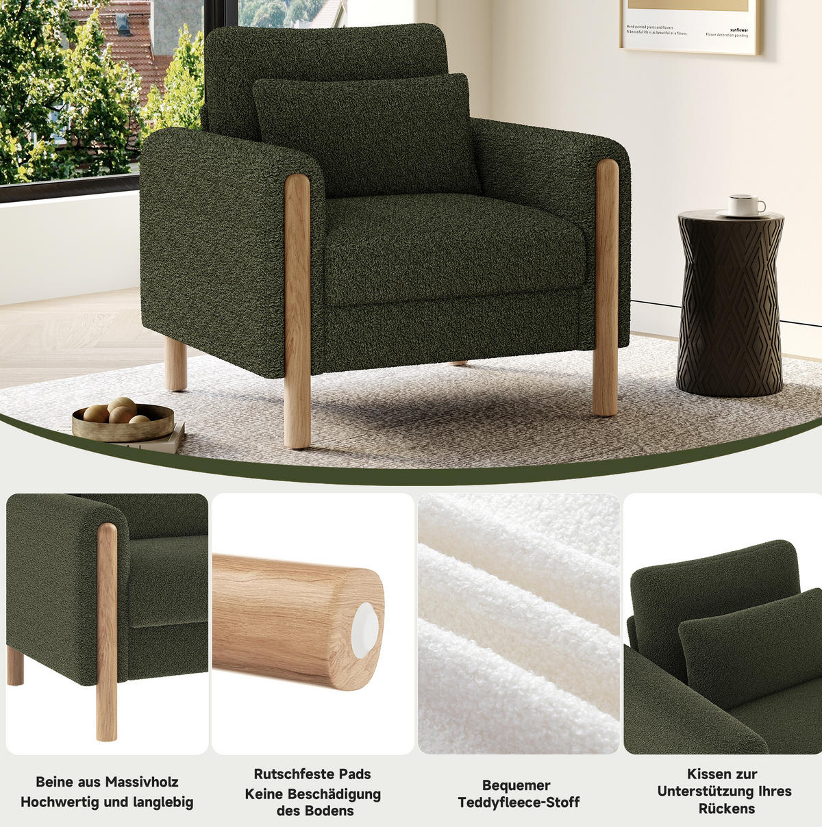 SESSEL 87/88.5/83 cm Grün aus Teddy mit abnehmbarem Sitzkissen - Grün, Textil (83/88.5/87cm) - OKMYHOME