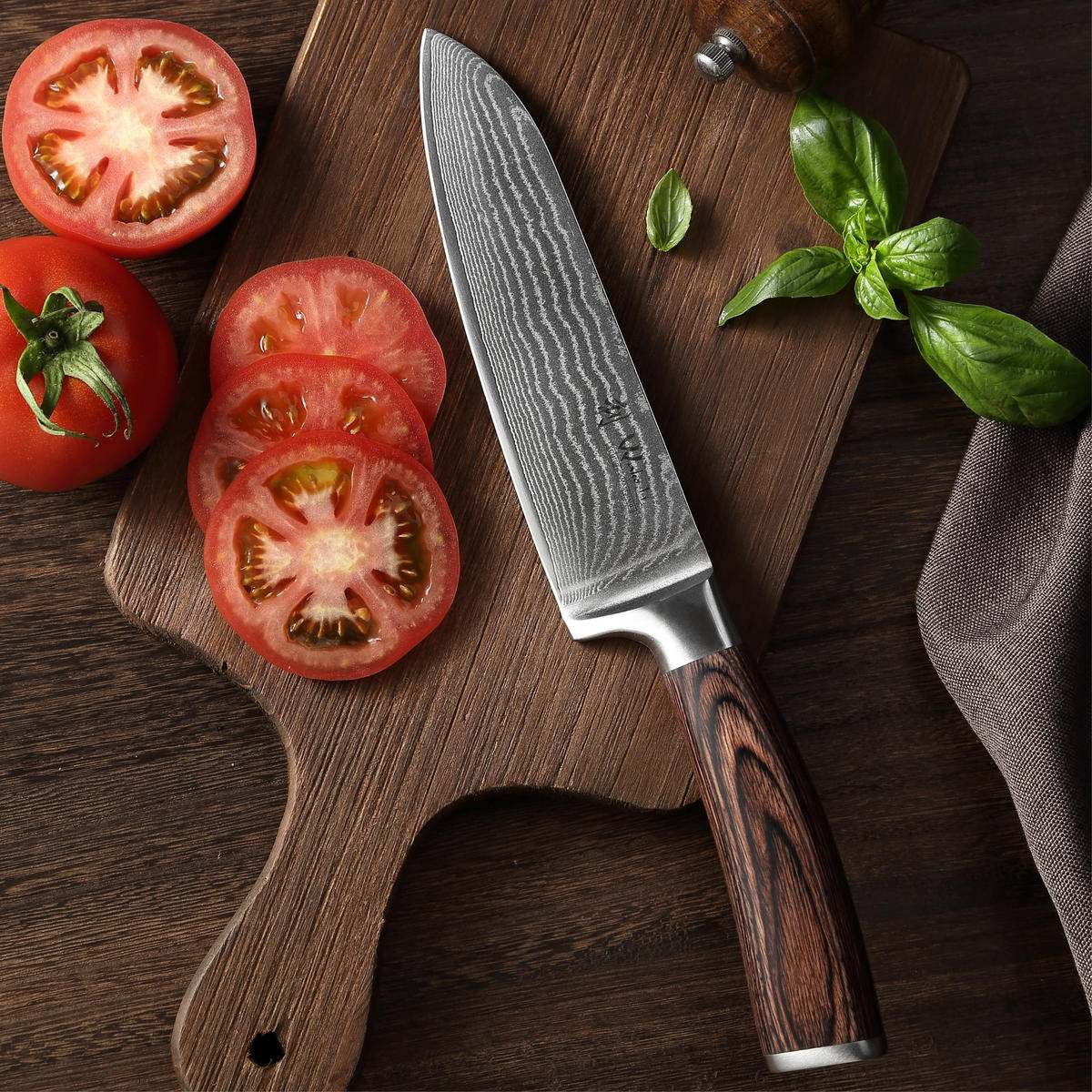 SANTOKU Damastmesser I EDIB - Braun, Holz/Metall (30cm) - Wakoli