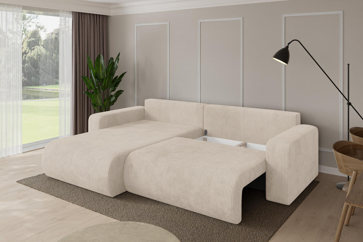 ROHOVÁ SEDAČKA s funkcí spaní, otoman vlevo BERY-L 276x193x88 béžová manšestr - černá/béžová, kompozitní dřevo/textil (276/193cm) - ALTDECOR