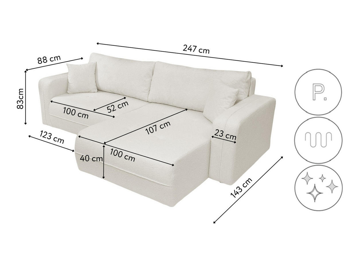 ECKSOFA Oreo L-Form Mit Bettkasten Und Schlaffunktion Quelle-Stoff Ecru Rechts - Ecru, Holz (247/143cm) - Kaiser Möbel
