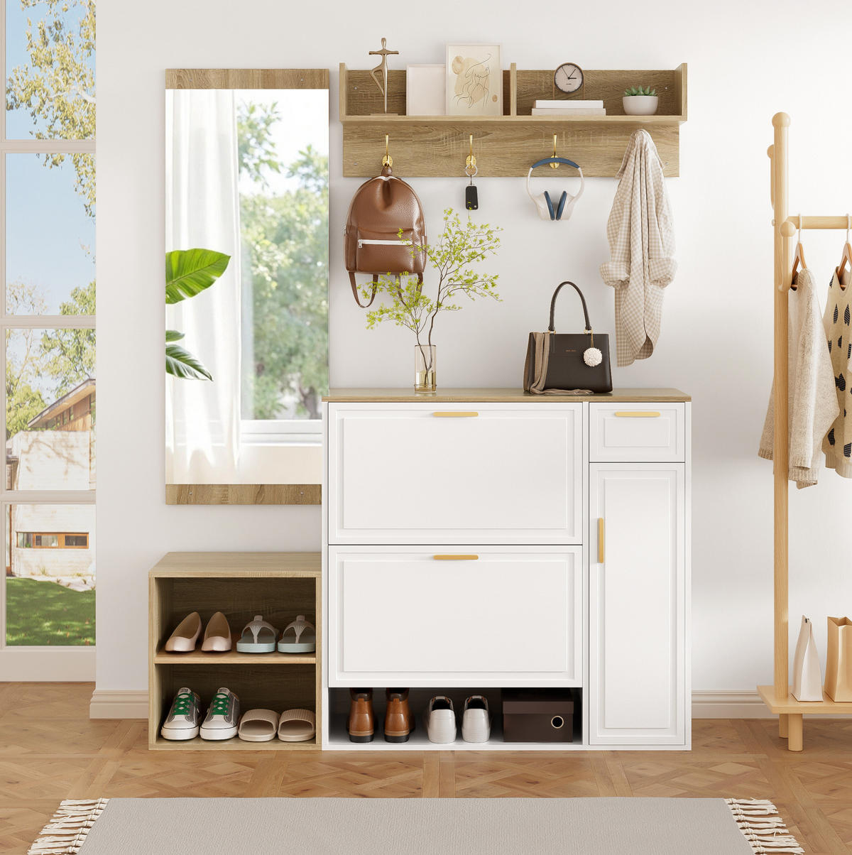 SCHUHSCHRANK aus Spanplatte 139,5x35x166cm in Weiß mit 4-teiligem - Weiß, Holzwerkstoff (139.5/166/35cm) - Modfu