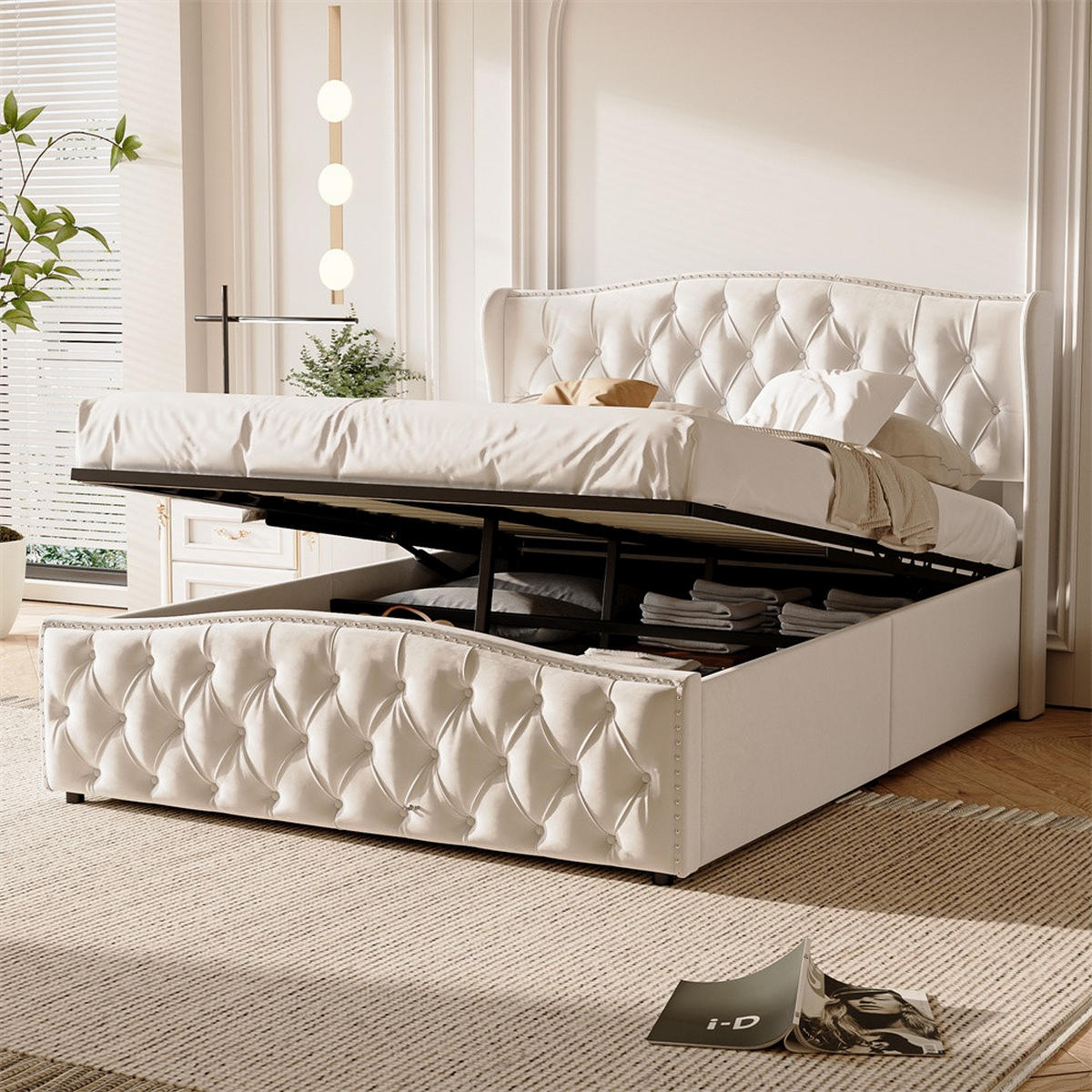 POLSTERBETT 140x200 cm mit hydraulischem Stauraum - Kopfteil und Fußteil im Wellendesign mit Nieten-Dekor - Cremeweiß - Creme, Textil (140/200cm) - DELFA