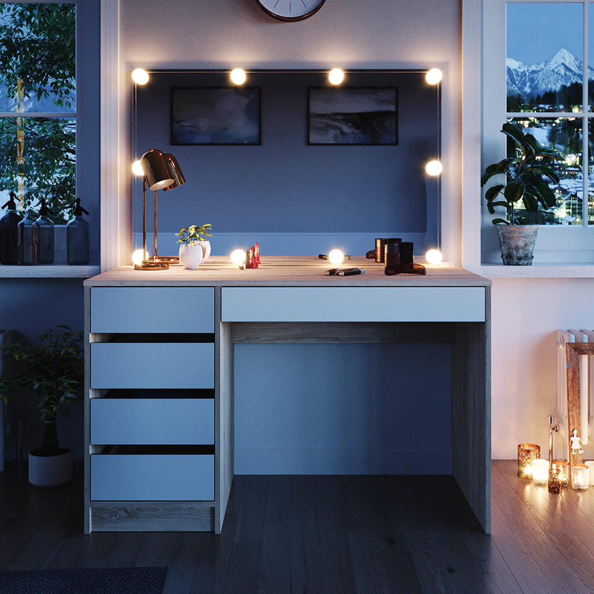 SCHMINKTISCH Sherry Weiß/Sonoma 120 cm mit LED Beleuchtung - Weiß/Sonoma Eiche, Holzwerkstoff (120/75/55cm) - Vicco