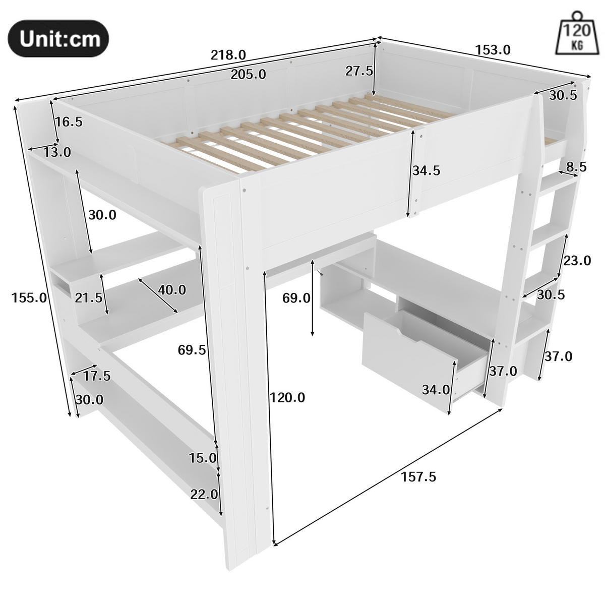 HOCHBETT aus Kiefernholz 140x200 cm Weiß mit Schreibtisch, Schublade, Regalen und LED-Beleuchtung - Weiß, Holz (140/200cm) - IVMEU