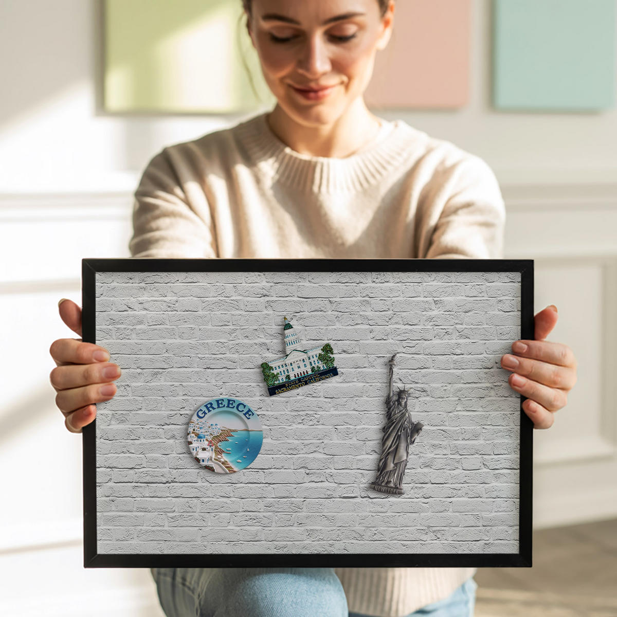 MAGNETTAFEL 70x50 cm Schwarzer Rahmen Ziegelwand Helle Wand - Graphitfarben, Metall (70/50/0.4cm) - TULUP